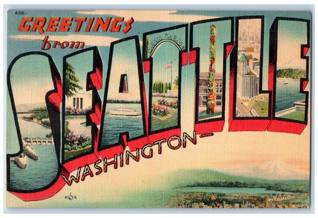 1948 Greetings From Seattle Washington WA, Kirkland Large Letters Postcard