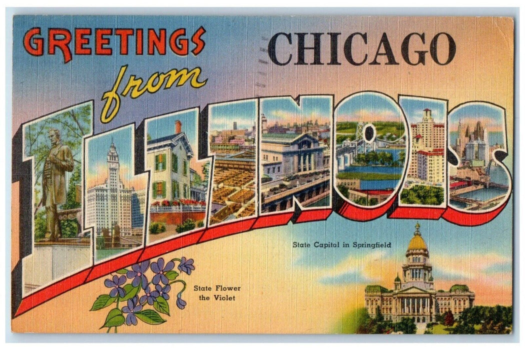 1948 Greetings From Chicago Illinois IL, Escanaba MI Large Letters Postcard