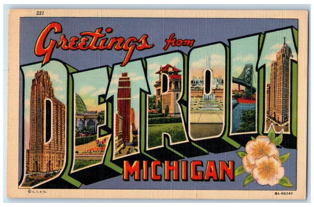 1948 Greetings From Detroit Michigan MI, Flowers Large Letters Vintage Postcard