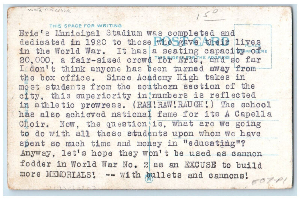 Erie Academy High School Building & Stadium Pennsylvania PA WW2 Message Postcard