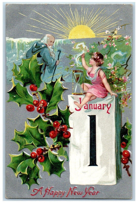 c1910's New Year January 1 Old Man Hourglass Holly Berries Tuck's Postcard