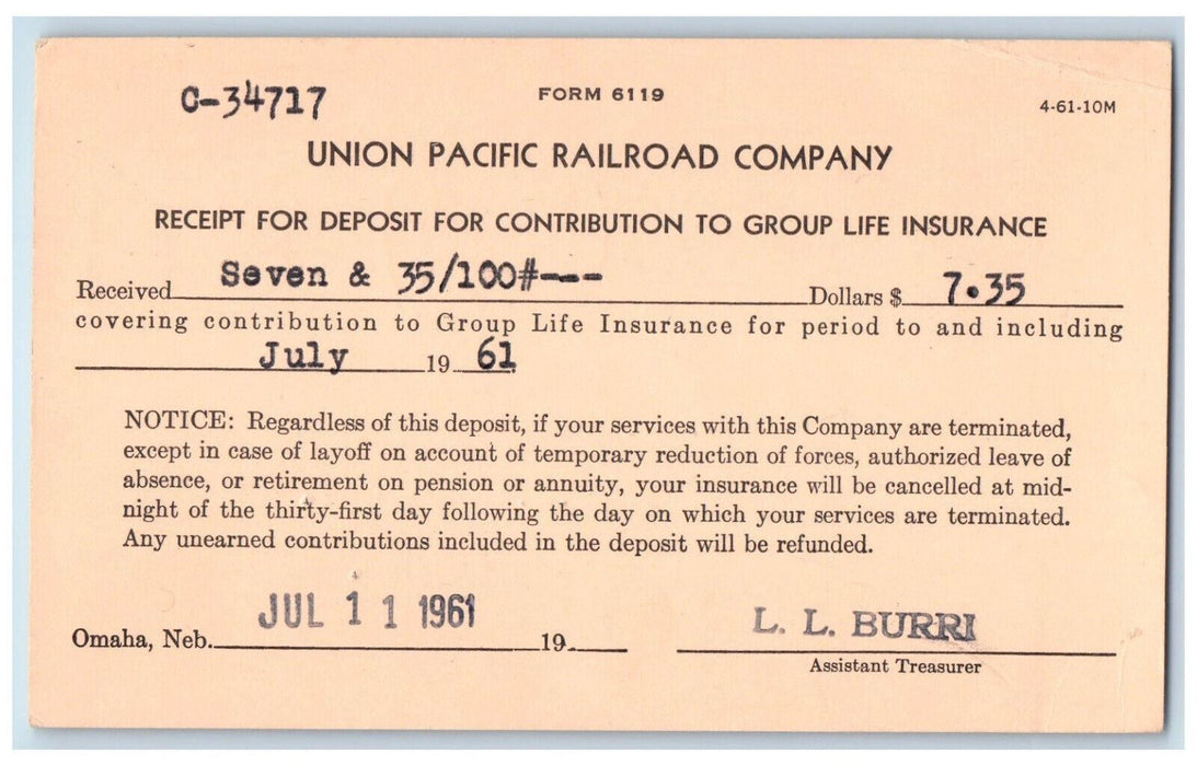 1961 Union Pacific Railroad Company Receipt Omaha NE Sun Valley ID Postcard