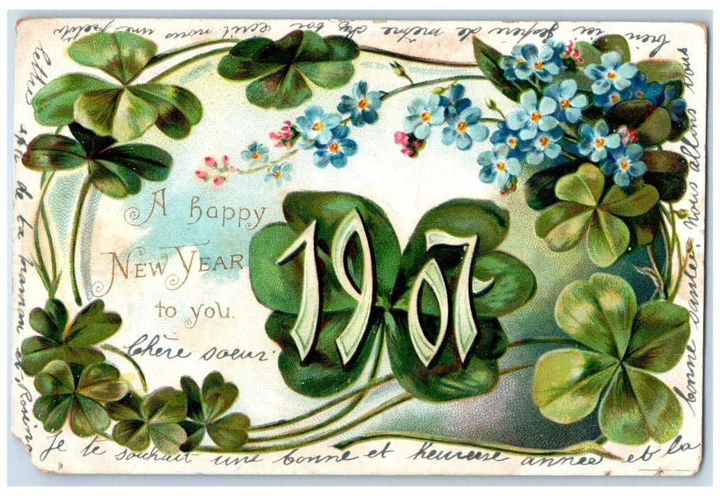 1906 New Year Shamrock Clover Pansies Flowers Embossed Torrington CT Postcard