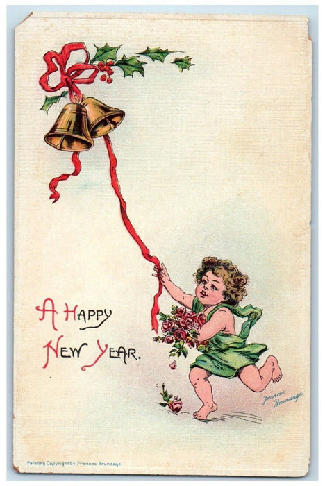 c1910's New Year Little Girl Ringing Bell Flowers Embossed Antique Postcard