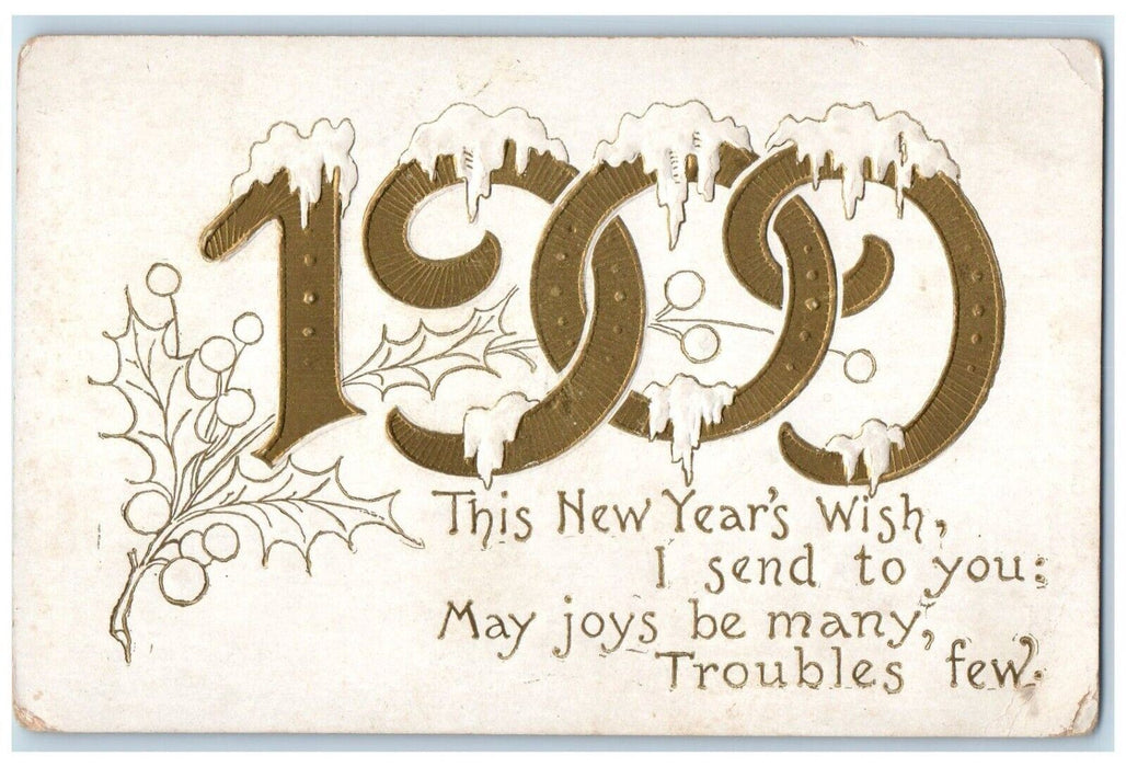 1909 New Year Berries Winter Large Numbers Embossed Posted Antique Postcard