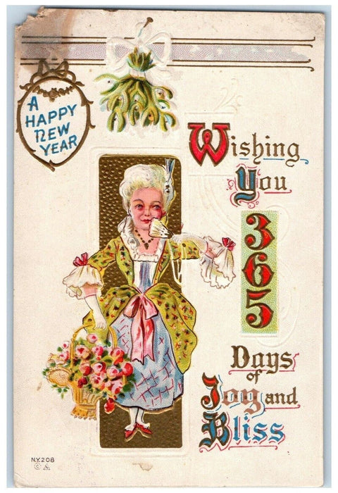 c1910's New Year 365 Days Old Woman Flowers Boquet Embossed Antique Postcard