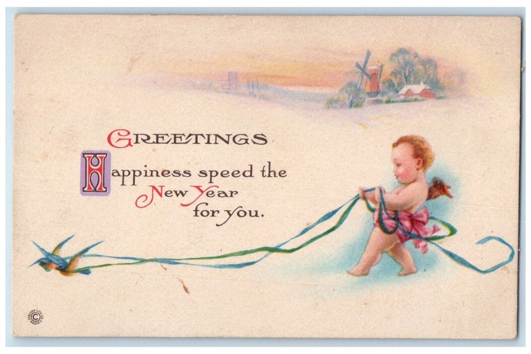 c1910's New Year Greetings Baby Toddler Windmill Birds Posted Antique Postcard