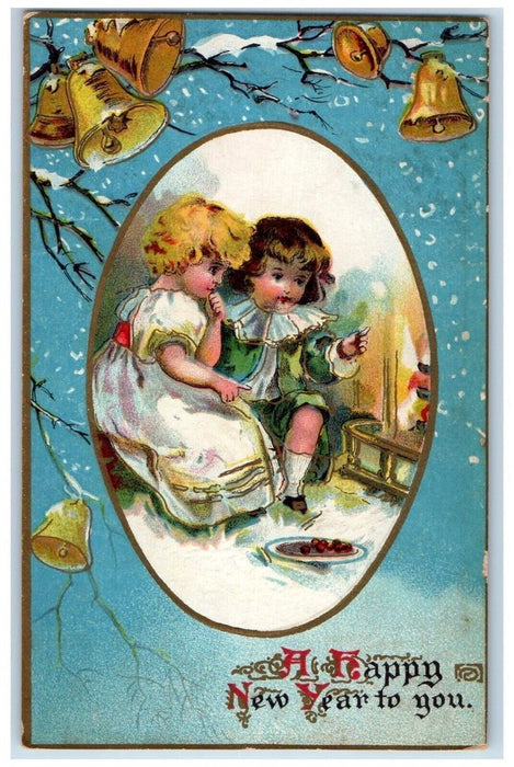 c1910's New Year Children Eating Winter Snowfall Bells Embossed Antique Postcard