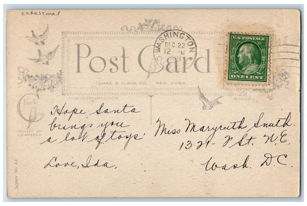 1919 Christmas Song Birds Canaries For Contentment Washington DC Posted Postcard
