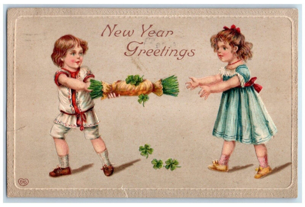 1910 New Year Greetings Childrens Shamrock Embossed Providence RI Postcard