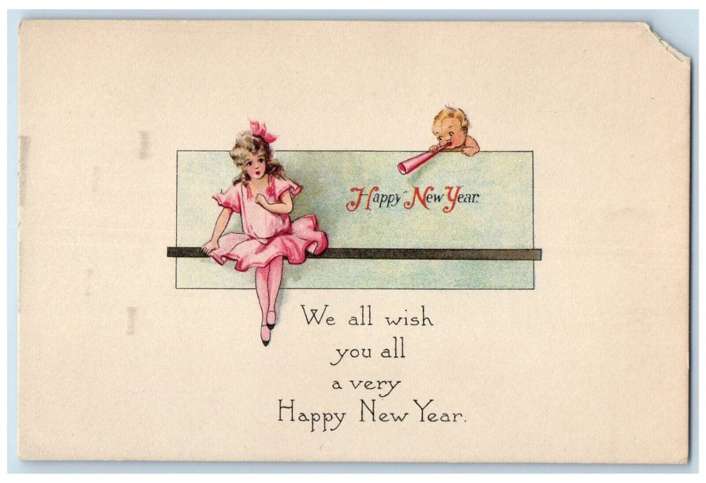 c1910's Happy New Year Girl Baby Trumpet Posted Antique Postcard