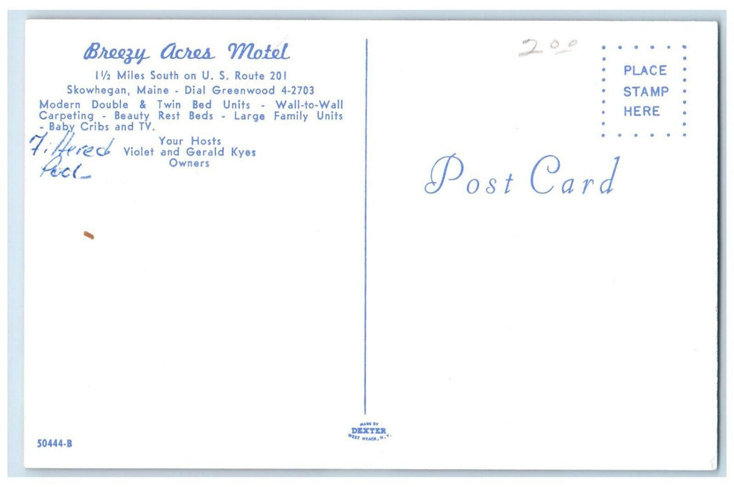 Brezy Acres Motel And Bedroom View Skowhegan Maine ME Vintage Postcard
