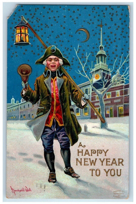 c1910's New Year Boy Lantern Bell Winter Crescent Stars Town Crier Wall Postcard