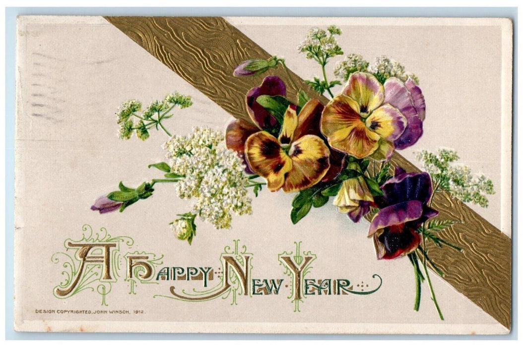 1912 Happy New Year Flowers John Winsch Embossed Medina New York NY Postcard