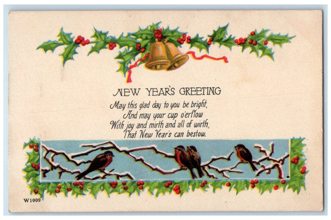 c1910's New Year's Greeting Birds Holly Berries Bells Posted Antique Postcard