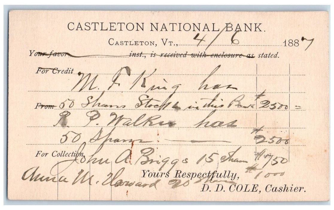 1887 Castleton National Bank Castleton Vermont VT Benson VT Postal Card