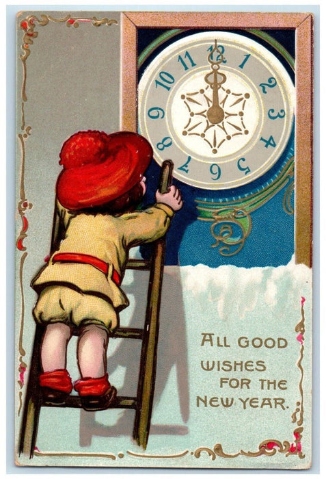 c1910's New Year Child Climbing Ladder Clock Embossed Tuck's Antique Postcard