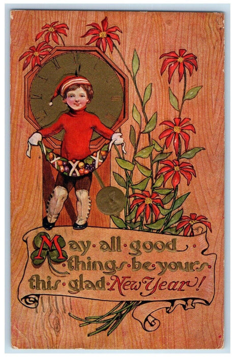 c1910's New Year Boy Poinsettia Flowers Embossed Waterbury CT Antique Postcard