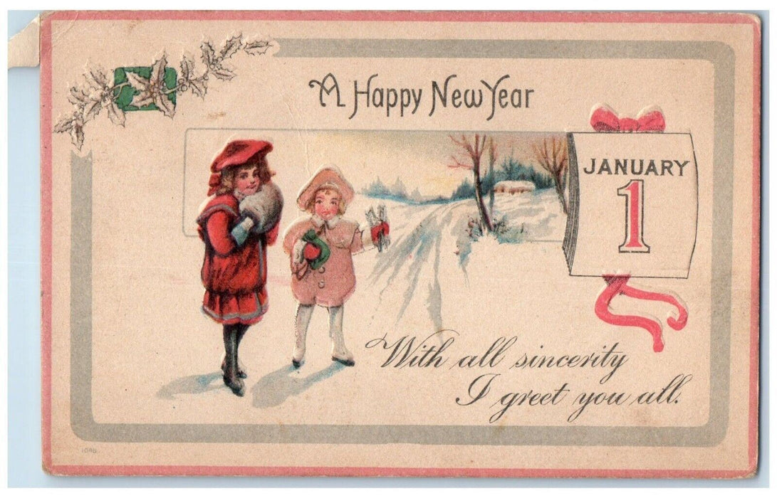 c1910's Happy New Year January 1 Girls Warmer Winter Embossed Antique Postcard