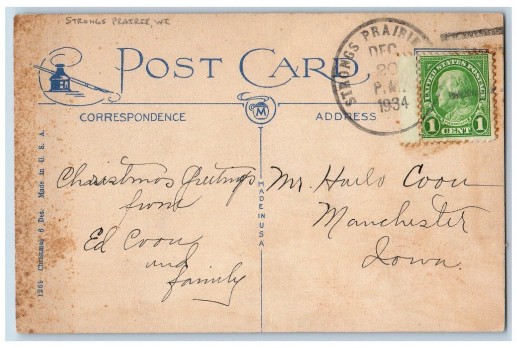 1934 Merry Christmas Poinsettia Flowers Winter Strong Prairie WI Posted Postcard