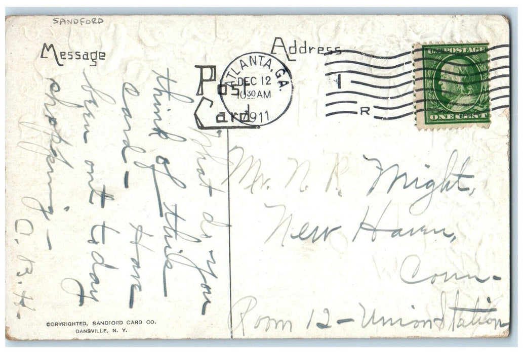 1911 Happiness Message Embossed Sanford Atlanta Georgia GA Antique Postcard