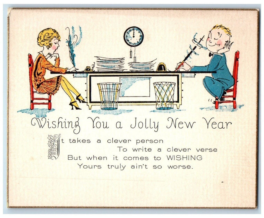 c1905 Jolly New Year Girl Boy Clever Person Clock Posted Antique Postcard