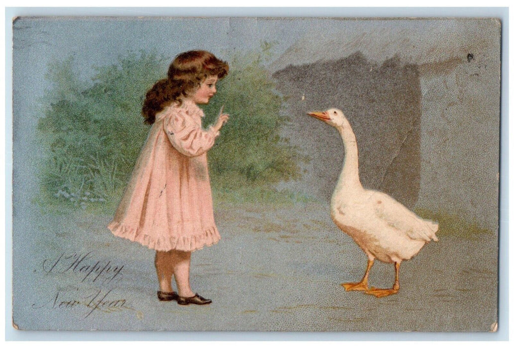 1906 Happy New Year Girl Duck Nash Ellington Connecticut CT Antique Postcard