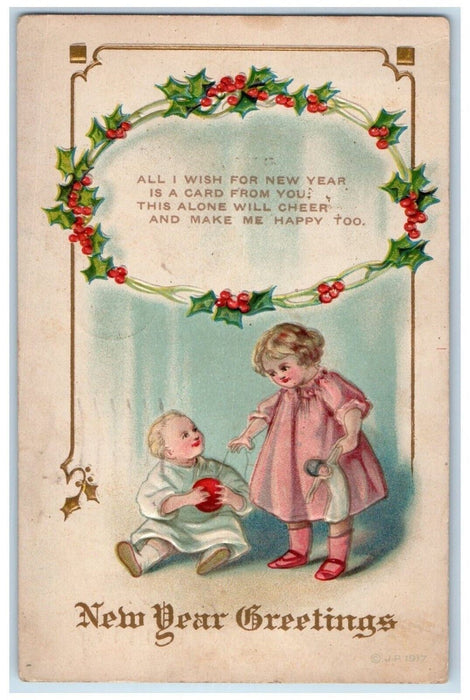 1918 New Year Greetings Childrens Holly Berries Lincoln Nebraska NE Postcard