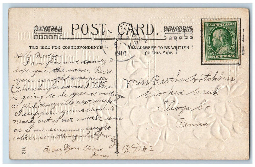 1910 Christmas Cat Kitten Red Flowers Winsch Back Embossed Antique Postcard