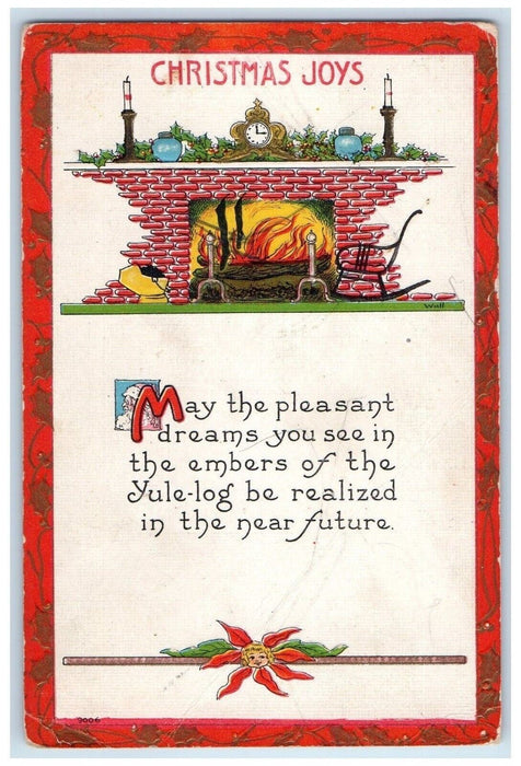 1917 Christmas Joys Fireplace Clock Warehouse Point Connecticut CT Postcard
