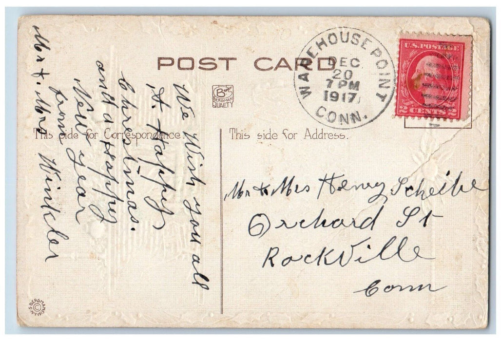 1917 Christmas Joys Fireplace Clock Warehouse Point Connecticut CT Postcard