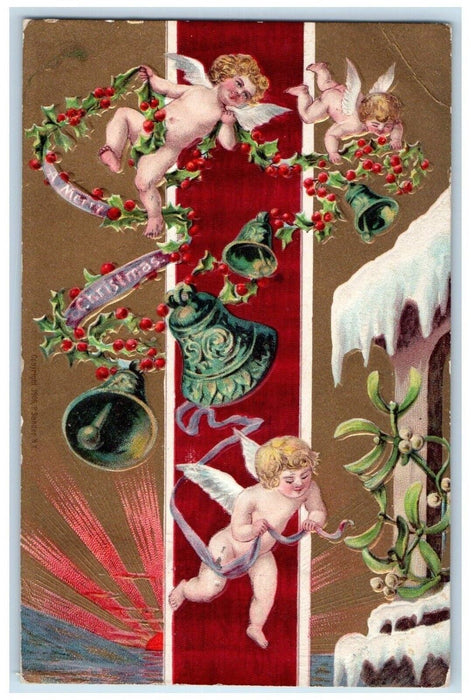 1909 Christmas Floating Angels Ringing Bells Berries Embossed Antique Postcard
