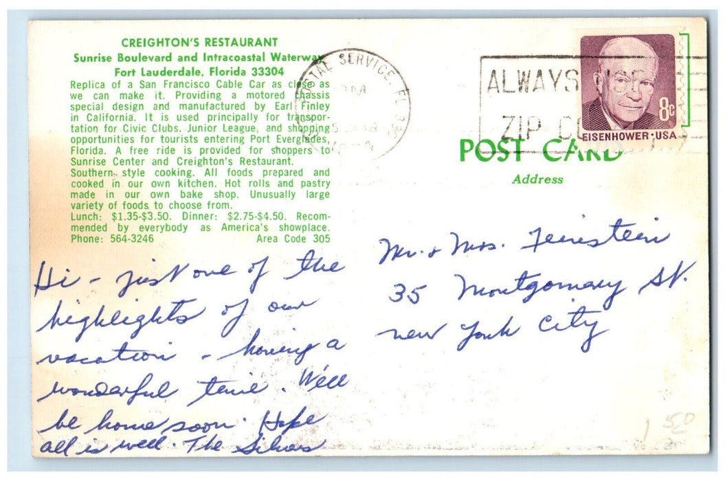 1974 San Francisco Trolley Car Replica Creighton's Restaurant FL Postcard