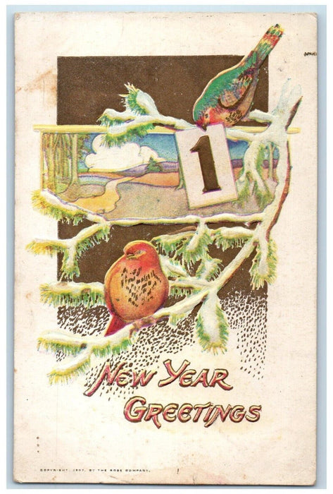 1909 New Year Greetings Pine Leaf Birds Embossed Worcester MA Antique Postcard