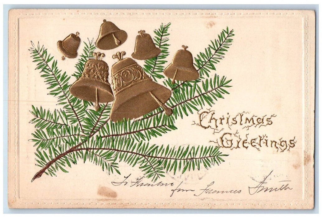 1904 Christmas Greetings Pine Leaf Ringing Bells Embossed Posted Tuck's Postcard