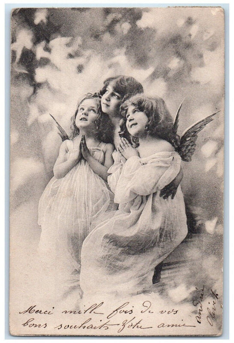 1903 Christmas Three Pretty Angels Curly Hair France Posted Antique Postcard