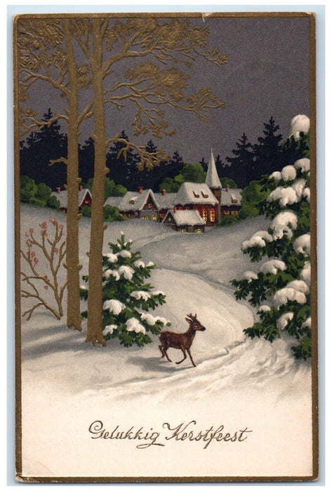 1931 Merry Christmas Deer Winter Pine Tree House Covered Snow Germany Postcard