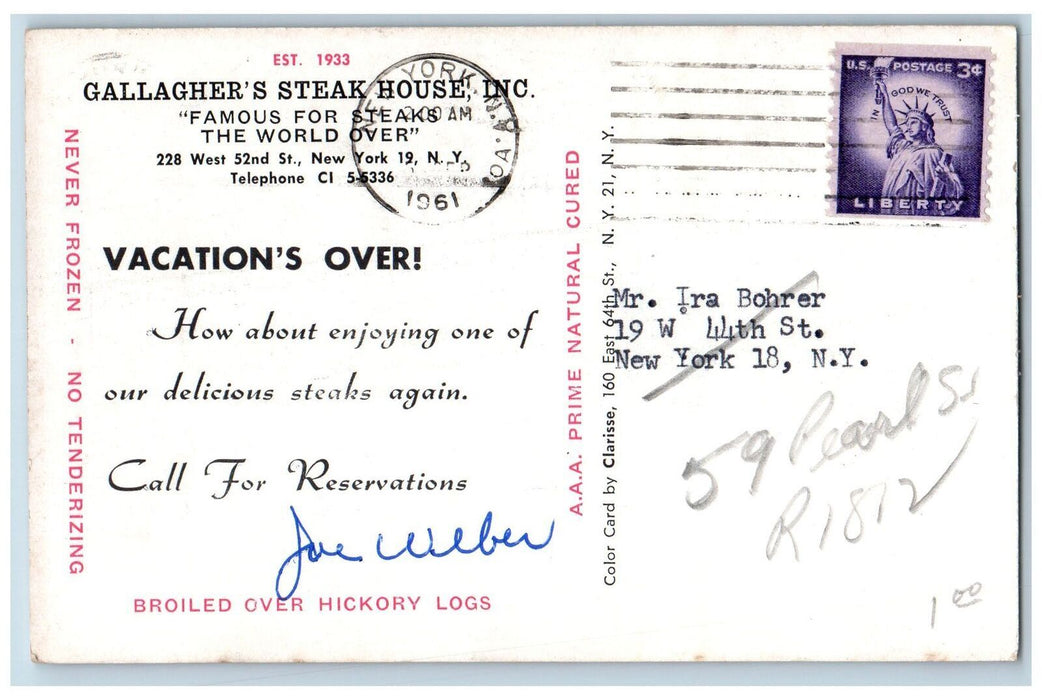 1961 Gallagher's Steak House Inc Restaurant Vegetable Scene New York NY Postcard