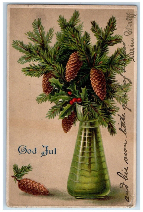 1910 Merry Christmas Pine Cone In Vase Embossed Posted Antique Postcard