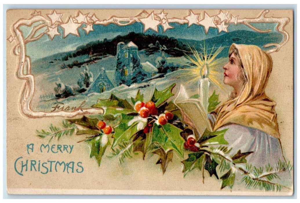 1906 Christmas Woman Candle Light Holly Berries Winter Elizabeth NJ Postcard