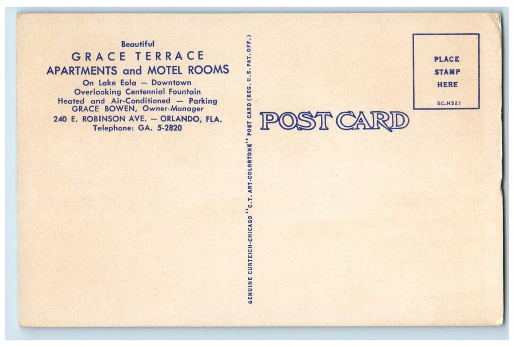 Grace Terrace Apartments And Motel Rooms Lake Front Orlando Florida FL Postcard