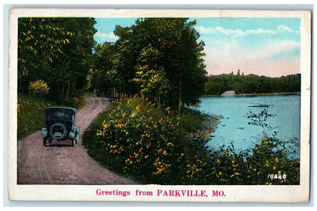 1931 Greetings From Parkville Missouri MO, Car Dirt Road Lake View Postcard