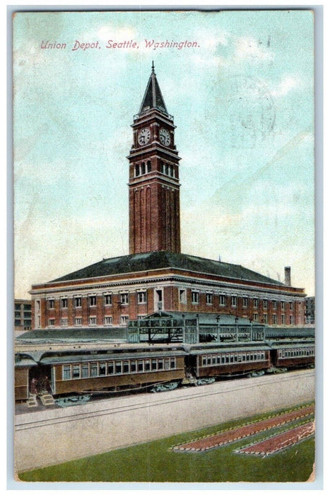 1910 Union Depot Train Station Clock Tower Seattle Washington WA Postcard