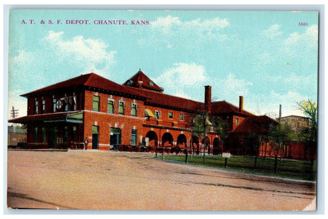c1910's A. T. & S. F. Depot Train Station Chanute Kansas KS Antique Postcard