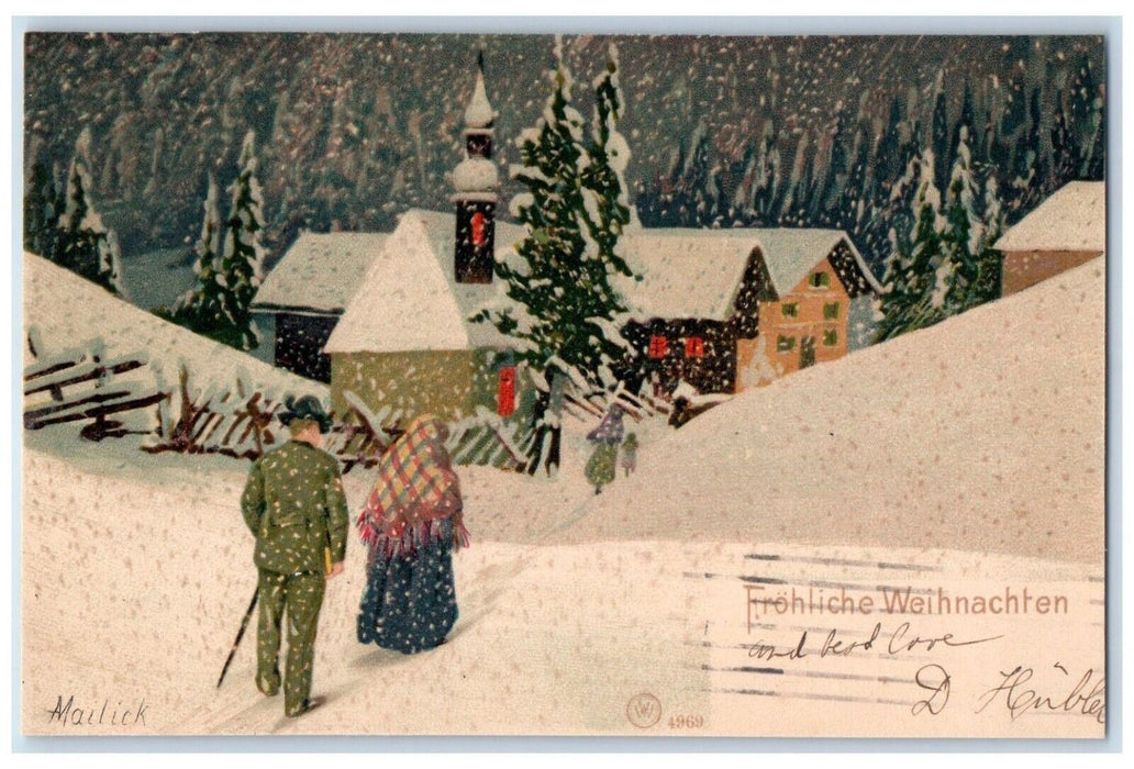 1903 Christmas Frohliche Weihnachten Boy Girl Winter Snowfall Germany Postcard