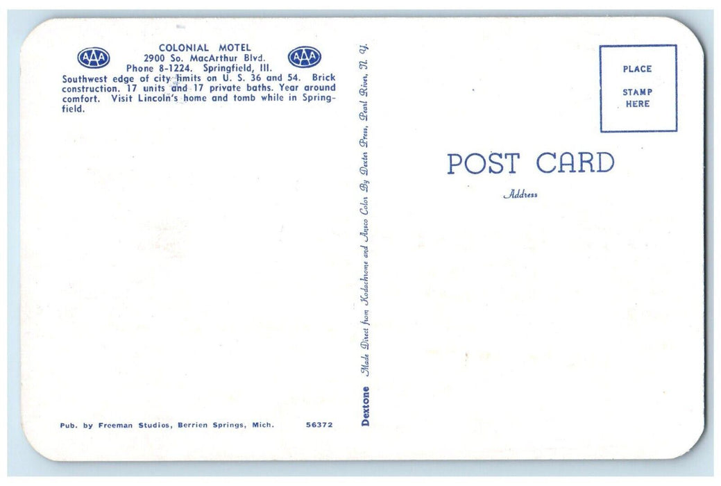 c1950's Colonial Motel Roadside Car Springfield Illinois IL Vintage Postcard
