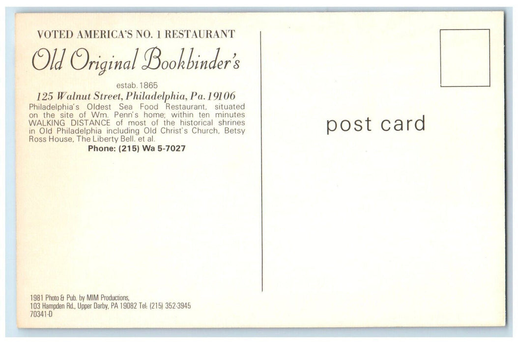 Philadelphia PA, Old Original Bookbinder's Restaurant Dining Room Postcard