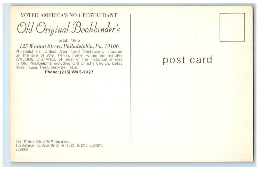 Philadelphia PA, Old Original Bookbinder's Oldest Seafood Restaurant Postcard