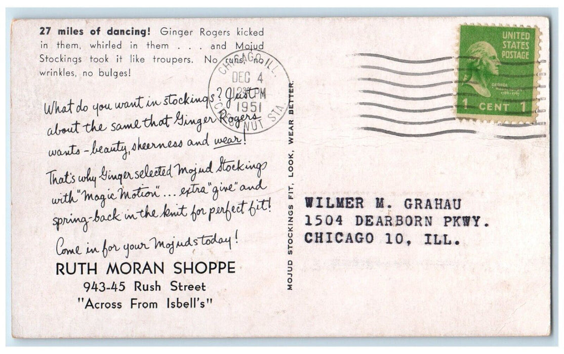1951 Ginger Rogers Danced Mojud Magic Motion Stockings Advertising Postcard