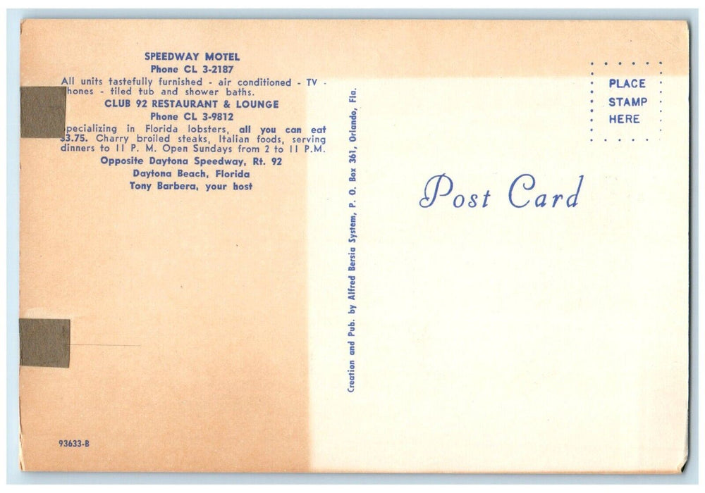 c1950's Speedway Motel Club 92 Restaurant Daytona Beach Florida FL Postcard
